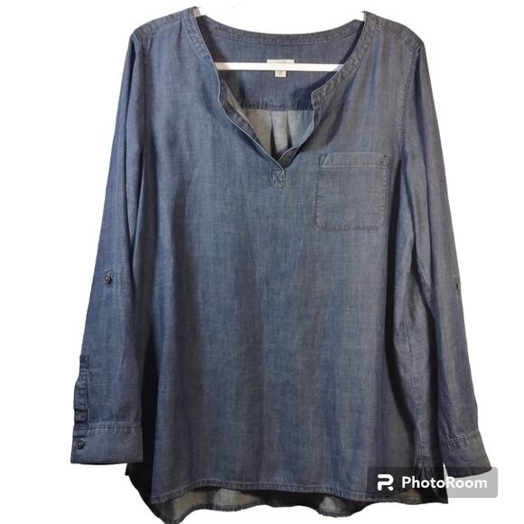 J. Jill Denim Chambray Roll Tab Sleeve Casual Top Size M - Picture 1 of 8